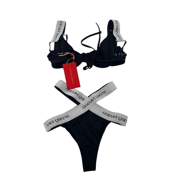 God Save Queens Black Carrara Swim Bikini Top and Thong Bottom Set Size XS - Picture 7 of 9